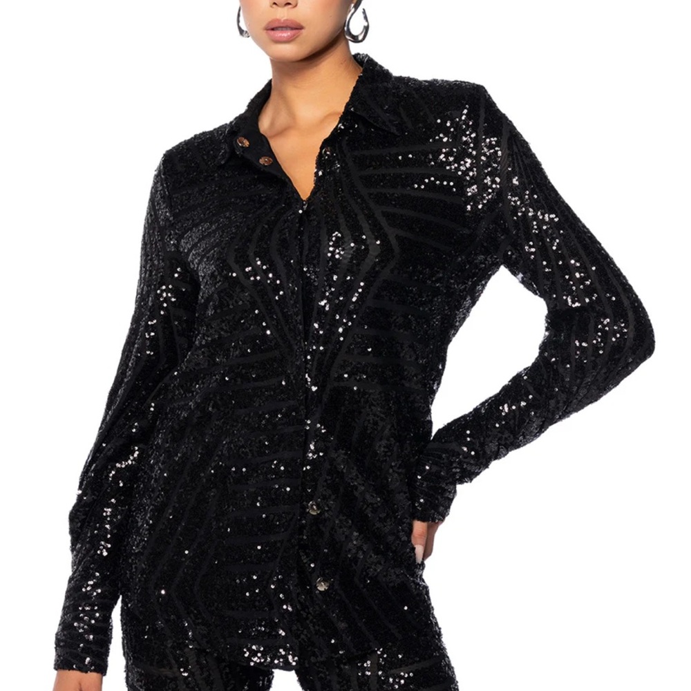 Black Sequin Button-Up Shirt